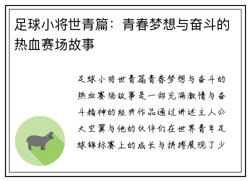 足球小将世青篇：青春梦想与奋斗的热血赛场故事